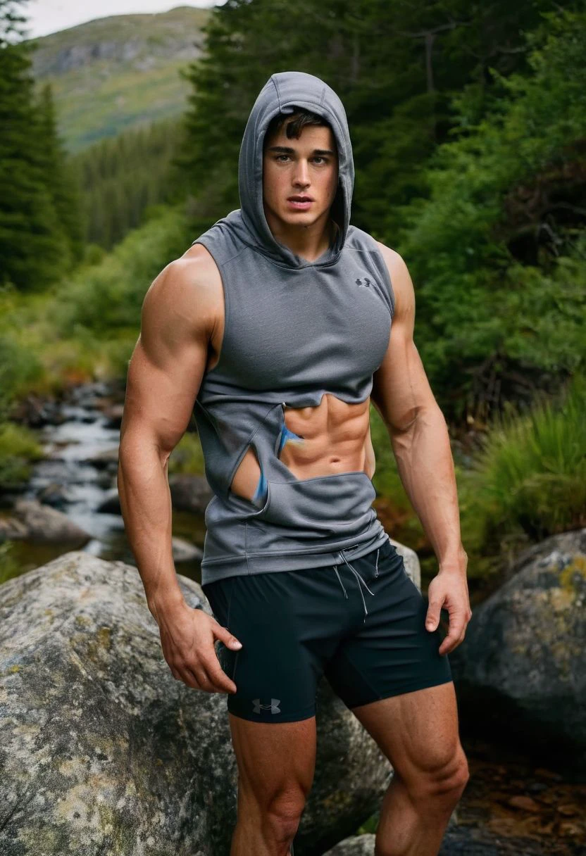 1boy, (Blue Eyes), happy smile,caucasian boy,18 years old,young, slim body, slender, skinny body build, child-like, twink,, wearing a sleeveless well-fitted under armour hoodie and compression shorts, standing on a boulder, outdoor trail, 35mm photograph, film, bokeh, professional, 4k, highly detailed creek in the background, natural lighting, golden hour,pale skin, pink nipples, skinny, good lighting, very pale skin, light skin, model with attractive body,,big bulge and big butts,(Best quality, 8k, Masterpiece). High Detail , , superior quality, natural lighting, beautiful, sexy, correct anatomy, good composition,realistic shapes, realistic skin tones,Natural eyes,realistic eyes,looking up at viewer,vpl,realistic muscles,Realistic wrinkles on the skin,Realistic arms and legs,Realistic face,realistic hair,Make a sexy and seductive face,, Clear Focus: 1.2, Perfect Body virile: 1.4 , Slender Abs: 1.2, Highly detailed face and skin texture, detailed eyes, double eyelids, big upper lip, man focus,amazing composition, front view, HDR, volumetric lighting, ultra quality, elegant,Post a erotic photoshoot,Realistic pose,detailed hair,full body,Fujifilm XT3 photorealistic art by midjourney