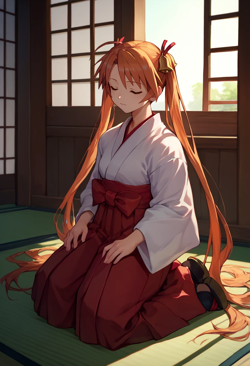 score_9, score_8_up, score_7_up, solo, 1girl, kagurazaka asuna, closed mouth, kneeling, ahoge, twintails, hair bell, closed eyes, japanese clothes, white kimono, red hakama, hakama skirt, indoors, east asian architecture <lora:mahousensei_kagurazaka_ponyXL:1>