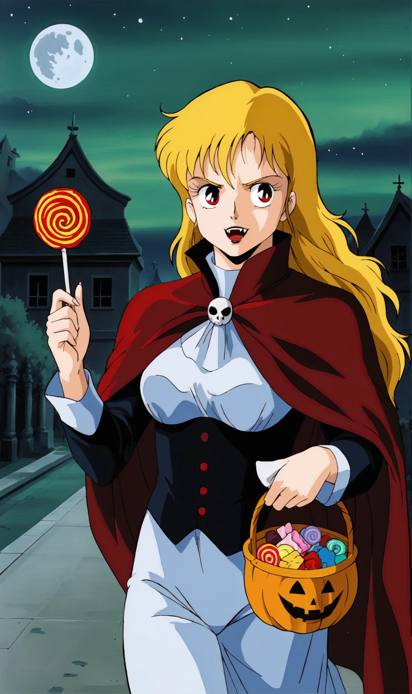 DL, 1girl, solo, retro artstyle, blonde, red eyes, vampire cloak high collar, vampire fangs, black vampire tuxedo, halloween, walking,  night, stars, mist, holding candy basket, portrait,  <lora:Doris Lang Pony XL:0.7>