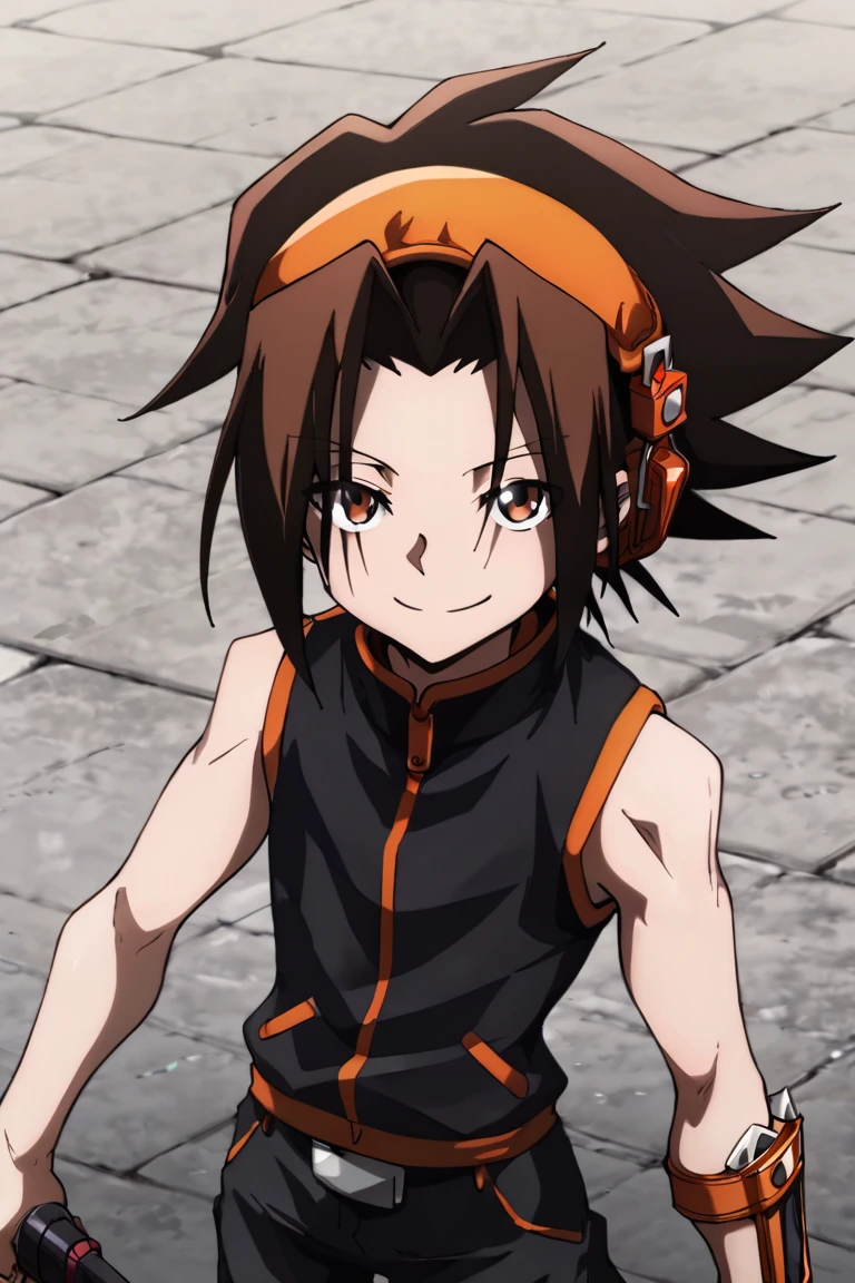 score_9,score_8_up,score_7_up,source_anime,1boy,solo,looking at viewer, Asakura Yoh,brown hair, brown eyes,spiked hair,headphonese, Black shirt,sleeveless, black pants, smile<lora:EMS-403319-EMS:1.000000>