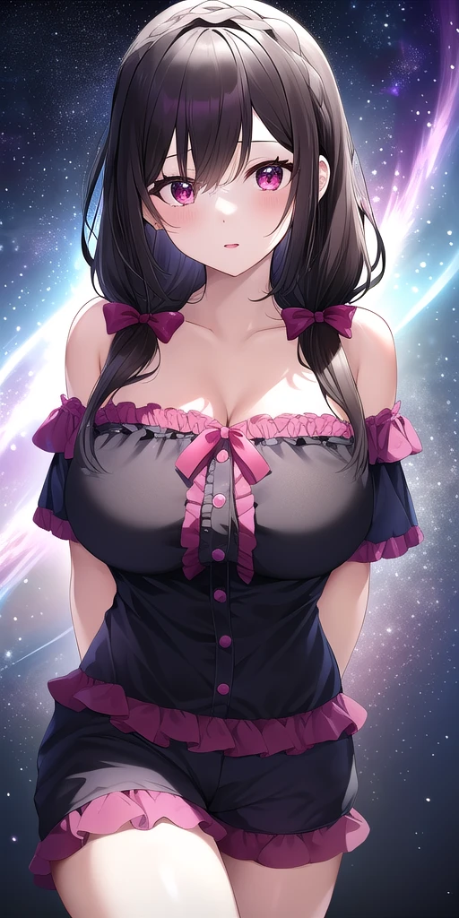 <lora:YunyunV3:0.7> yun^2, huge_breasts, standing, solo, Black_frilled_shirt_black_frilled_shorts_off_shoulder_short_sleeves_pink_frills, , arms_behind_back, starry_sky,, masterpiece, best_quality, detailed_face, detailed_eyes, highres, beautiful, detailed, absurdres,