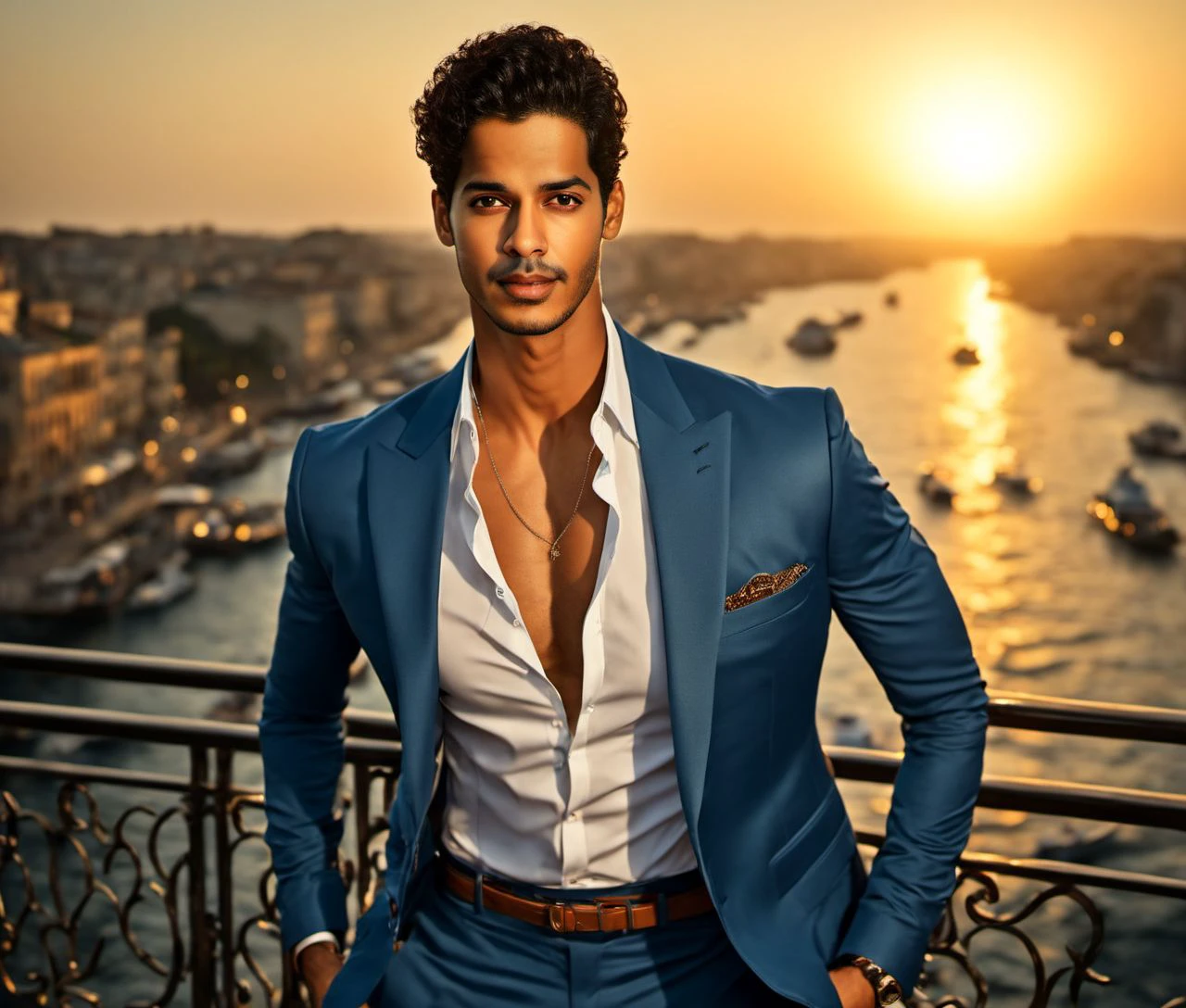 Nautical-themed (Photo:1.3) of (Ultrarealistic:1.3) <lora:Man_Men_FFashion:1> Ishaan Khatter a man <lora:Ishaan-Khatter:1> in a blue suit standing on a balcony, handsome man, attractive man, handsome male, sun behind him, inspired by Pablo Munoz Gomez, shot at golden hour, editorial photograph, midshot of a hunky, by Roman Bezpalkiv, by Artur Tarnowski, maxim sukharev, by Gabor Szikszai,Highly Detailed,(Mono Color:1.3) . Sea, ocean, ships, maritime, beach, marine life, highly detailed