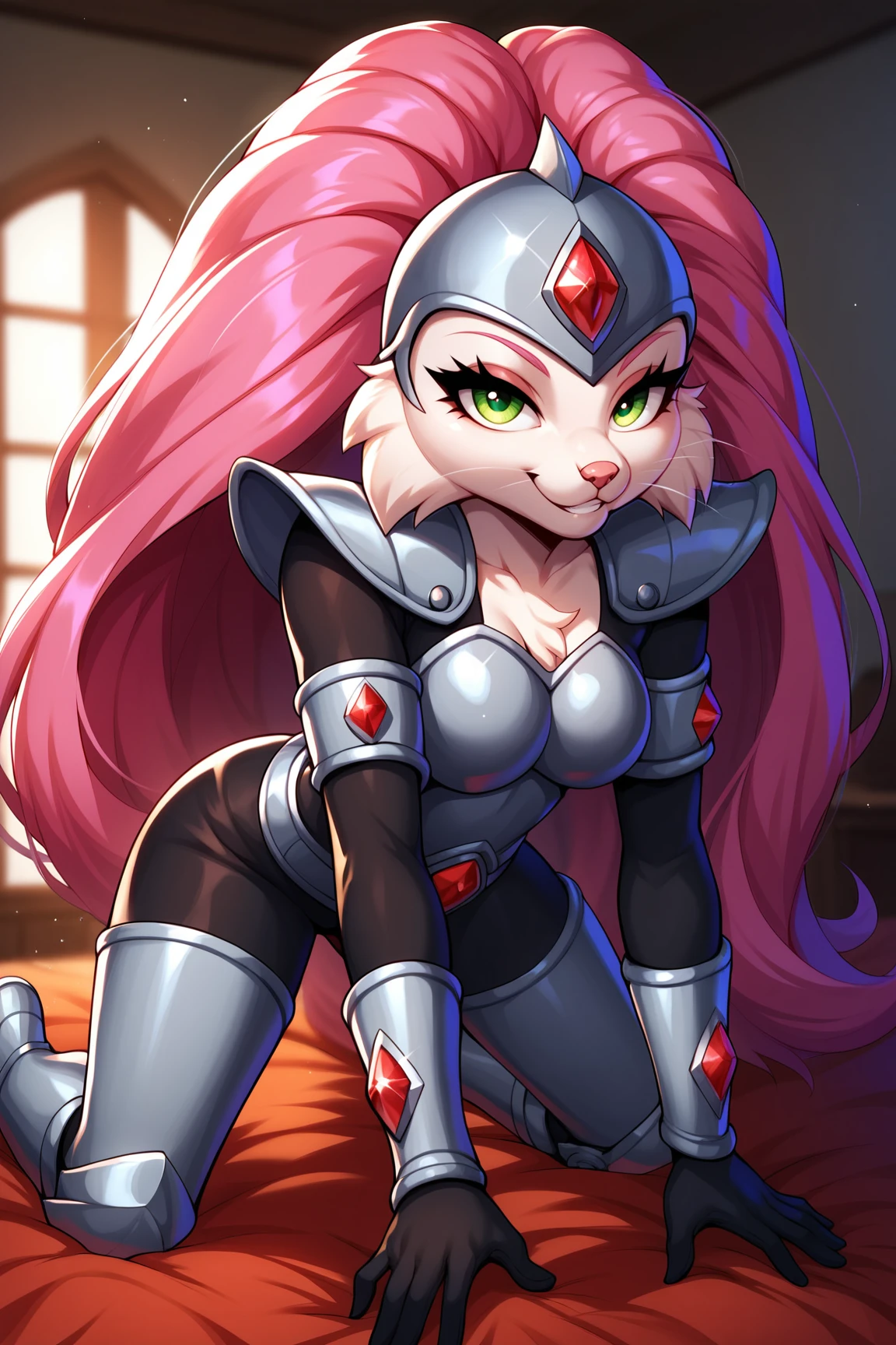 score_9, score_8_up, score_7_up, score_6_up, score_5_up, score_4_up, JennyBOHXL, anthro furry, furry female, white fur, snout, whiskers, green eyes, pink hair, long hair, helmet, forehead jewel, medium breasts, grey armor, red jewel, shoulder armor, black bodysuit, armlet, guantlets, black gloves, armored boots, solo, all fours, seductive smile, looking at viewer, indoors <lora:JennyBOHXL:0.7>