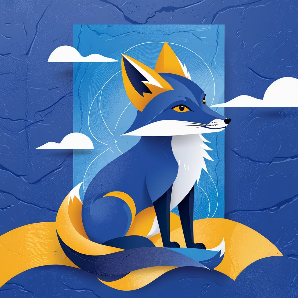 FRESHIDEAS Flat poster 1,(vector illustration of a blue fox),yellow bottom,plane composition,artistic composition,abstract poster,minimalist style.,