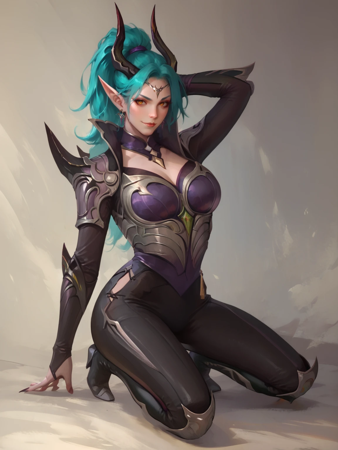 score_9, score_8_up, score_7_up, BREAK, Karina, 1girl, solo, turquoise ponytail hair, long ears, diadem with horns, golden eyes, armored shoulder pads, purple breastplate, black gloves, black pants, black boots, kneeling, hands in hair, smirk, arrogance look, spread legs, wodeipoi <lora:Karina:1>   <lora:wodeipoi:1>