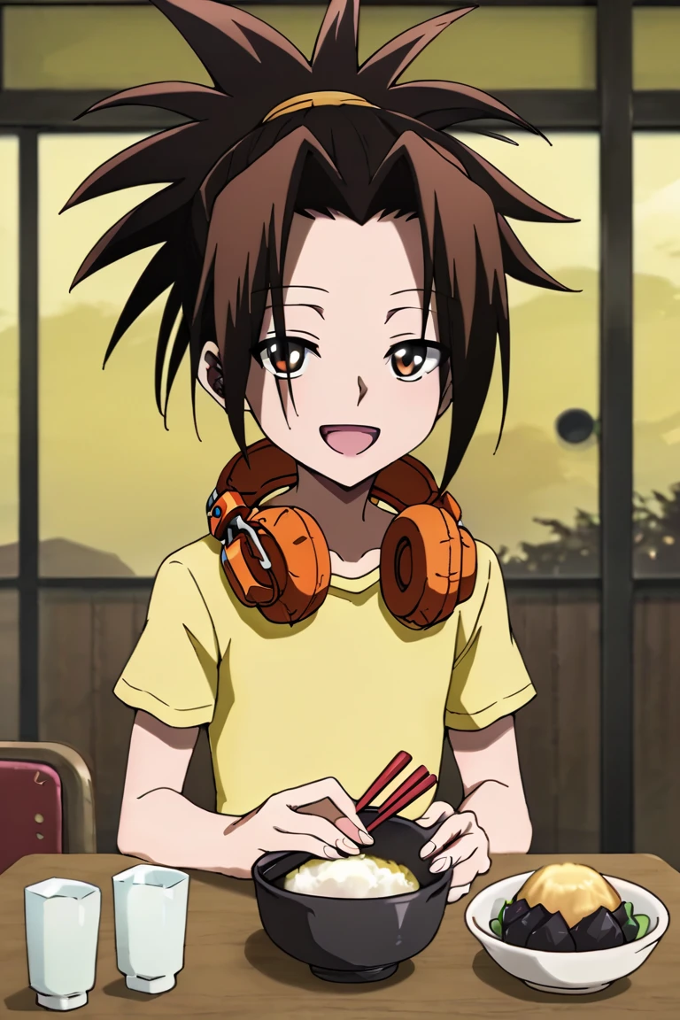 score_9,score_8_up,score_7_up,source_anime,1boy,solo,looking at viewer, Asakura Yoh,brown hair, brown eyes,ponytail,Headphones around neck,t-shirt, shorts, smile, sitting, japanese, table, food, one rice bowl, Chopsticks, indoors,clap, open mouth, upper body<lora:EMS-403319-EMS:1.000000>