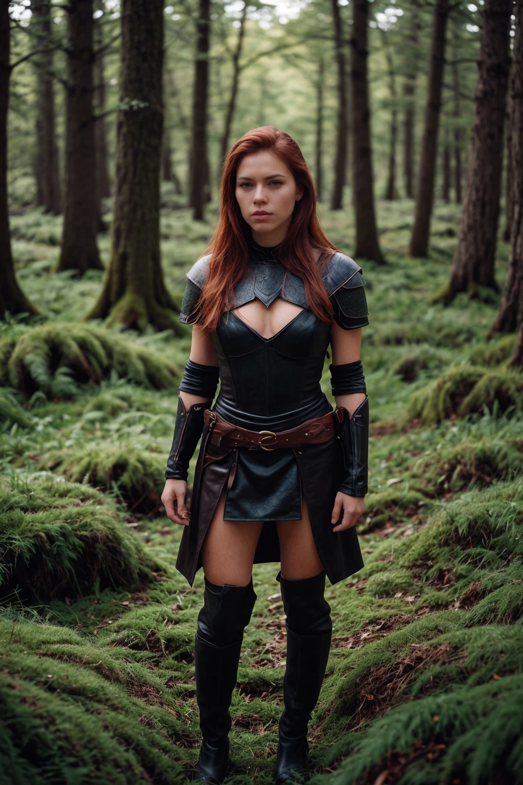 cinematic photo of an orange haired warrior woman, dark brown leather armor, bracers and boots
BREAK
Mossy Wonderland: A forest covered in lush moss, creating a soft and velvety green carpet on the forest floor and tree trunks. The mossy textures lend a sense of magic and wonder to the composition.
BREAK
<lora:[VG]_-_Tyris_Flare_v2:1>, RAW candid cinema, 16mm, color graded portra 400 film, remarkable color, ultra realistic, textured skin, remarkable detailed pupils, realistic dull skin noise, visible skin detail, skin fuzz, dry skin, shot with cinematic camera