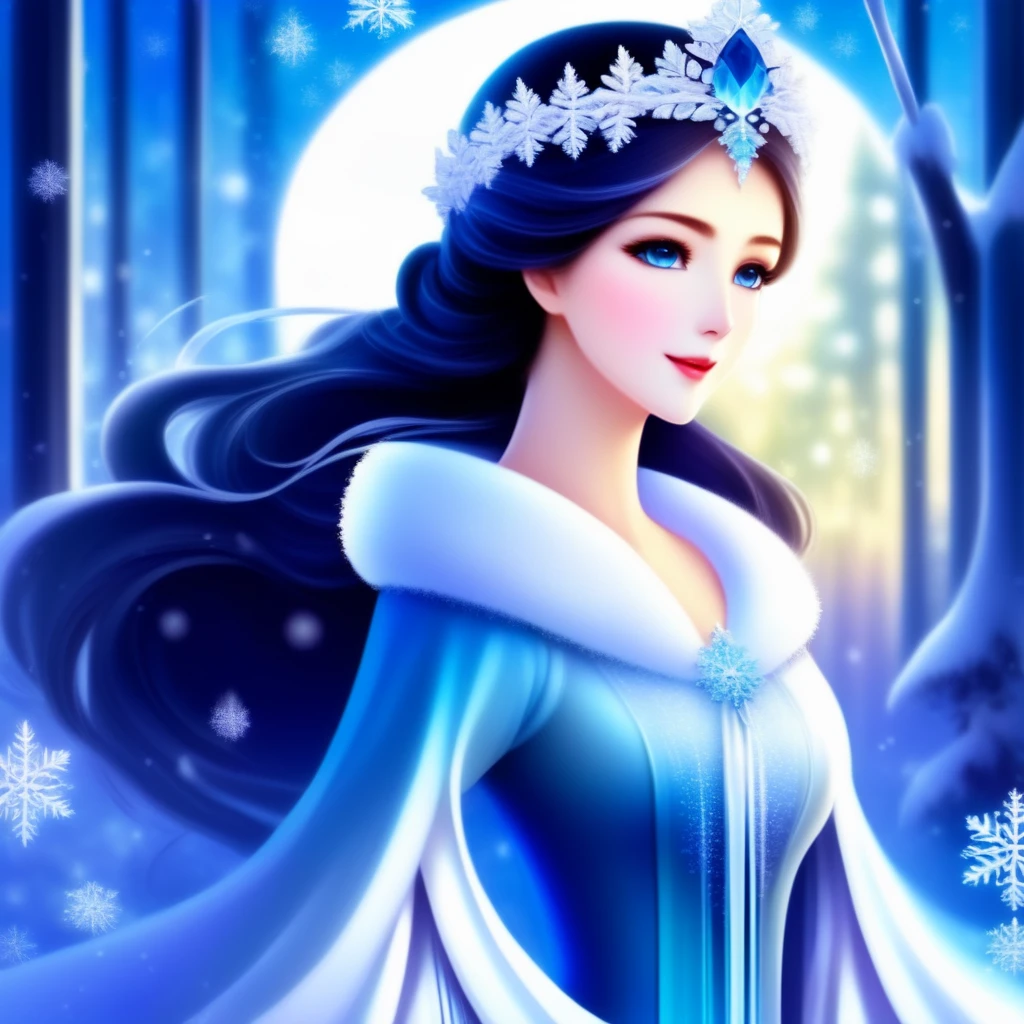 <lora:SDXL Snow Princess v0.:1>,
Frosted anime girl, icy blue eyes, hair the color of a winter sky, perched atop a cobalt-hued icicle, delicate snowflakes dancing around her, soft glow, ethereal, glittering backdrop of a snowfall in an undisturbed forest, manga style illustration, vivid colors, ultra fine details.