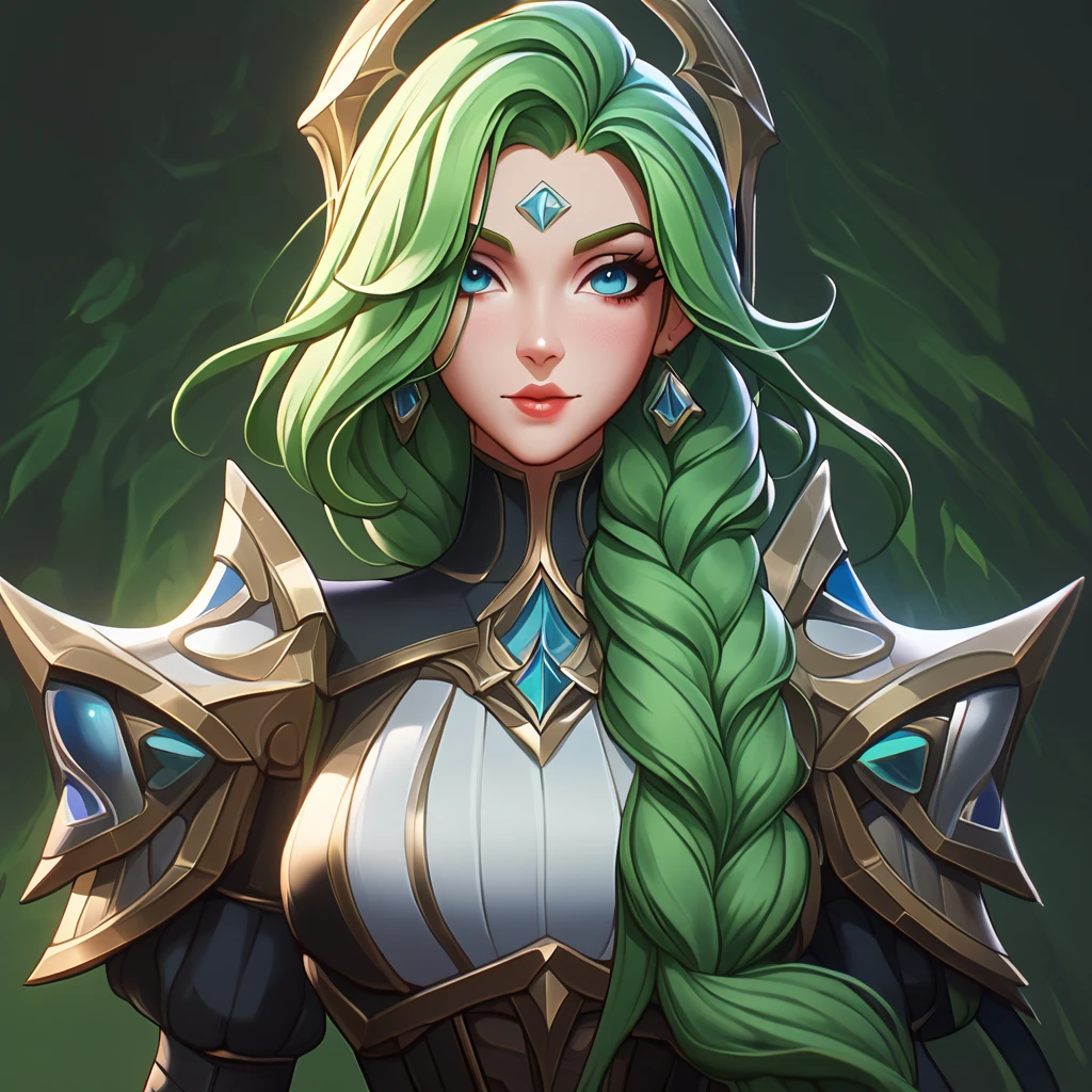 A cute green-haired elf girl in the world of League of Legends, in an anime style with fantasy art and character design elements. She has a beautiful face, long hair, and wears leather against a bright background in a game art style. The portrait has a cinematic look with smooth lighting, sharp focus, and intricate details in high resolution like a studio photo. The concept art style is highly detailed and trending on Artstation, with a 3D rendering quality, unrealstyle, amazing quality, insane details