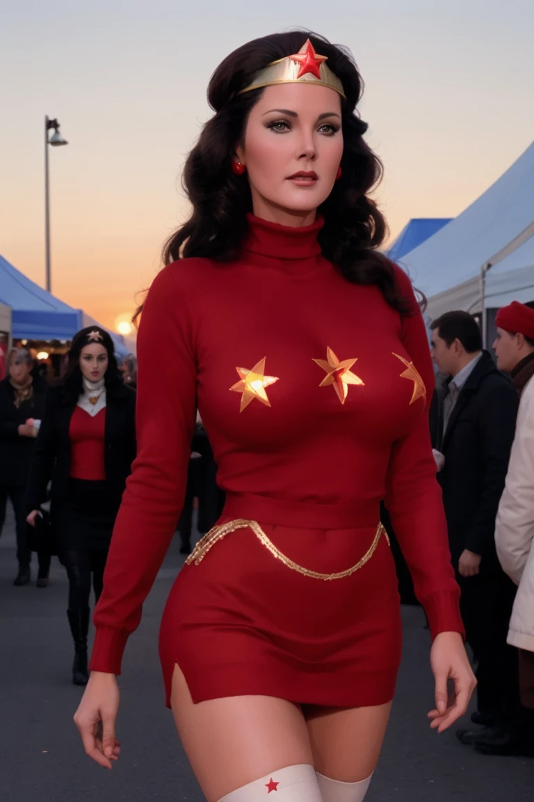 <lora:lyndacarter-07:0.6>,lyndacarter,((large breasts, perfect breasts)), ((tiara, red star)),  ,  photo of a woman, ,beautiful picture, fully clothed, turtleneck sweater, skirt, thighhighs, outside, carnival, festival, sunset, detailed, ,walking