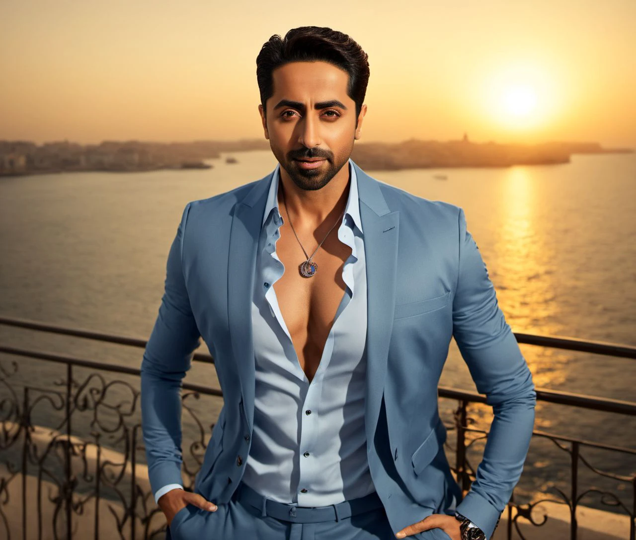 Nautical-themed (Photo:1.3) of (Ultrarealistic:1.3) <lora:Man_Men_FFashion:1> Ayushmann Khurrana a man <lora:Ayushmann-Khurrana:1> in a blue suit standing on a balcony, handsome man, attractive man, handsome male, sun behind him, inspired by Pablo Munoz Gomez, shot at golden hour, editorial photograph, midshot of a hunky, by Roman Bezpalkiv, by Artur Tarnowski, maxim sukharev, by Gabor Szikszai,Highly Detailed,(Mono Color:1.3) . Sea, ocean, ships, maritime, beach, marine life, highly detailed