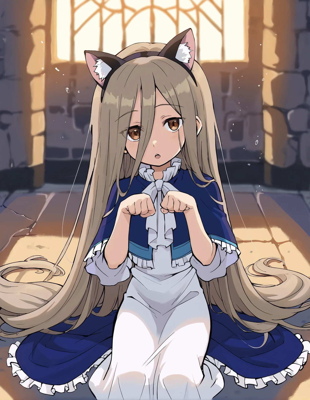 score_9,score_8_up,score_7_up,score_6_up,score_5_up,score_4_up, flat color, 1girl on the floor, paw pose, open mouth, fake cat ears, castle, sunlight, window, 
<lora:gnsisir_style_pony6_v1-000036:1.2> <lora:sense_sousou no frieren_PONY_last:0.6> sense \(sousou no frieren\),brown eyes,very long hair,absurdly long hair,hair between eyes,eyes visible through hair, blue capelet,frilled dress,white long dress