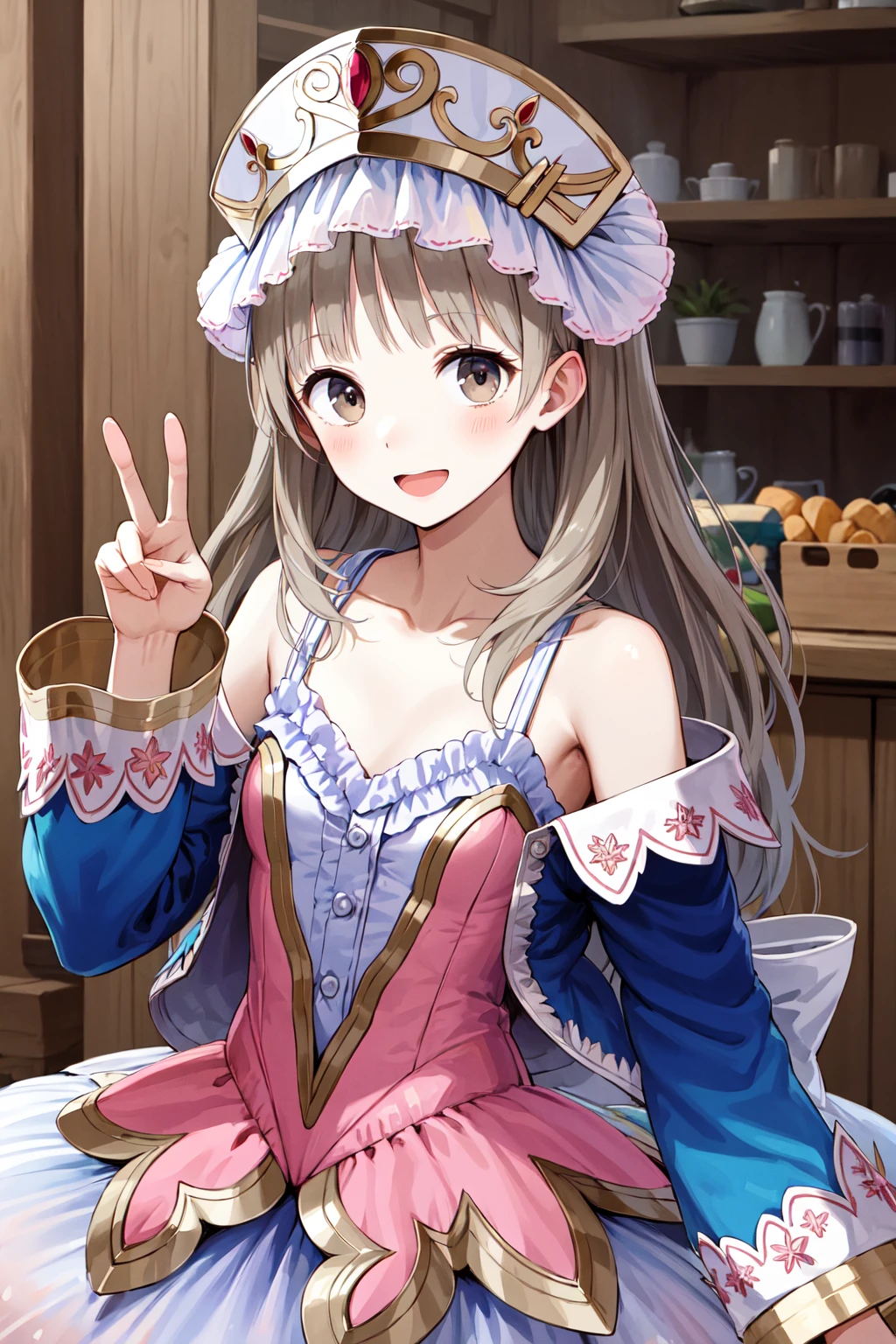 masterpiece, best quality, highres, aatotooria, long hair, hat, headdress, brown eyes, collarbone, bare shoulders, frills, pink dress, blue jacket, open jacket, skirt, <lora:totooria_helmold_v1:0.7>, upper body, smile, open mouth, peace sign