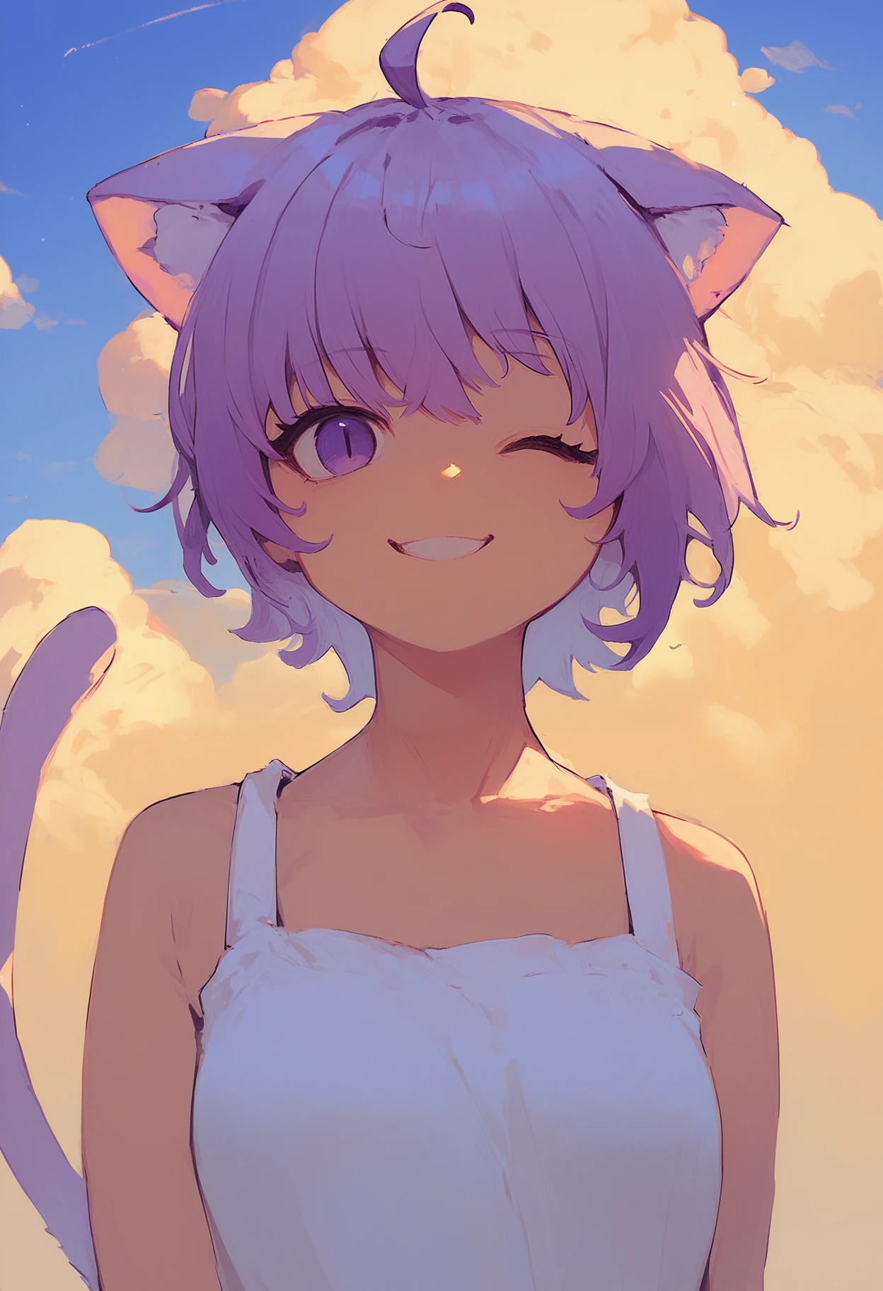 source_anime, score_9, score_8_up, score_7_up,
1girl, solo, 
<lora:nekomata_okayu_pony_v01a05e06:1>
okayuBase, short hair, purple eyes, purple hair, cat ears, cat tail, ahoge, 
smile, one eye closed, sky, cloud, golden hour, portrait, sundress