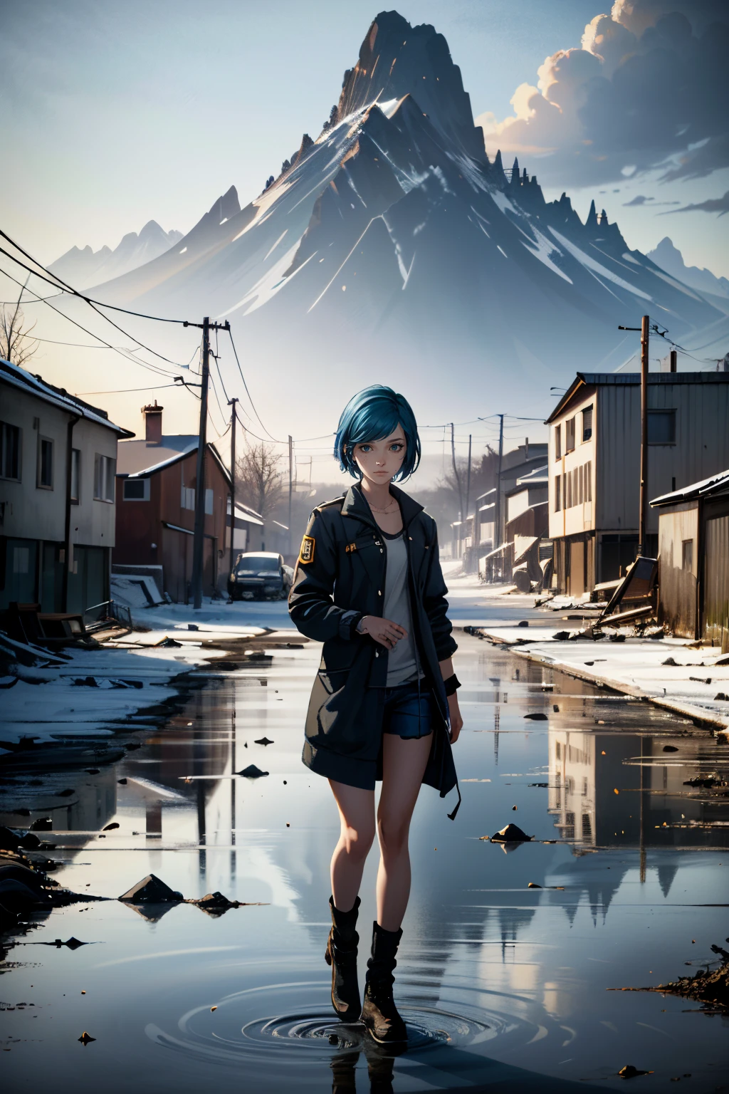 ((ultra detailed, masterpiece, absurdres))
 <lora:LISChloe:0.8>
LISChloe, 1girl, short hair, blue hair, looking at viewer, full body, Desolate wasteland with a lone figure, post-apocalyptic and eerie