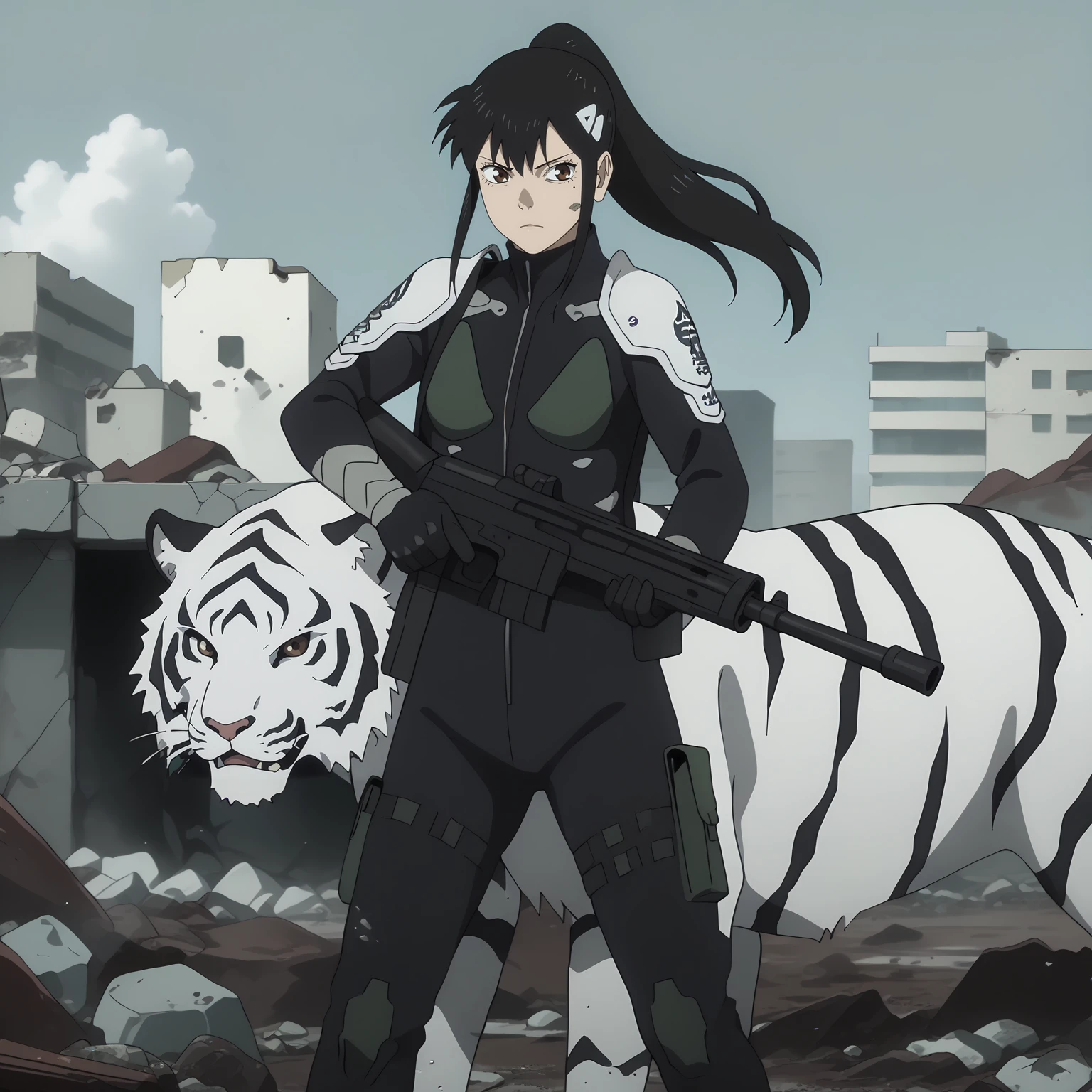 <lora:MinaAshiroXLpony001>,
MinaAshiro,1girl,black hair,ponytail,brown eyes,mole under eye,
black body suit,
assault rifle,
BREAK
Bakko,white tiger,
destroyed city,rubble,