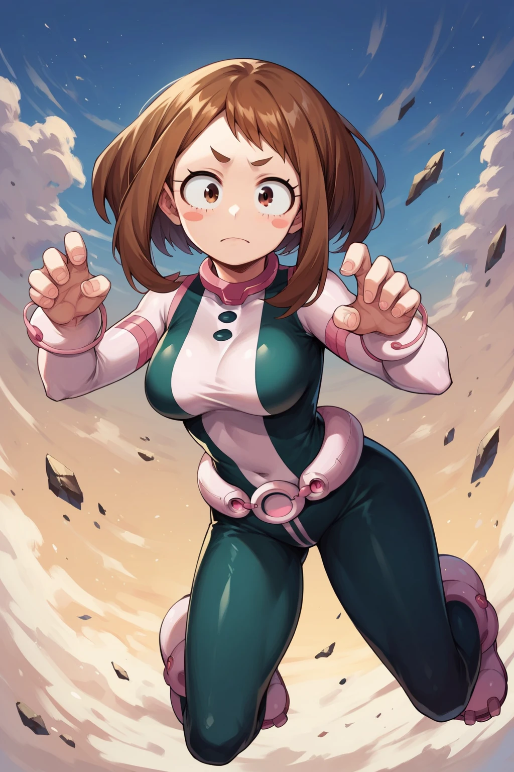 HDA_MasterpieceXL_v.1, 1girl, Uraraka Ochako, portrait, bodysuit, paw pose