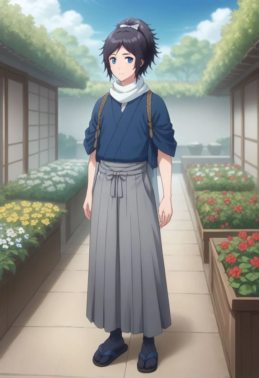 score_9, score_8_up, score_7_up, source_anime, highly detailed, 
yasusada, japanese clothes, 1boy, male focus, hakama, blue eyes, solo, hakama skirt, skirt,
scarf, white scarf, mole under eye, mole, tabi, black hair, full body, sandals, ponytail,
outdoor, garden, japanese,