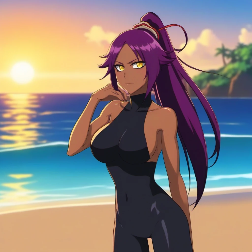 anime artwork  full body dark-skinned female with purple hair, cleavage, black leotard,  yellow eyes, sideboob, long hair, ponytail, thighhighs, beach, sunset  <lora:Yoruichi1024_r1:0.8> . anime style, key visual, vibrant, studio anime,  highly detailed