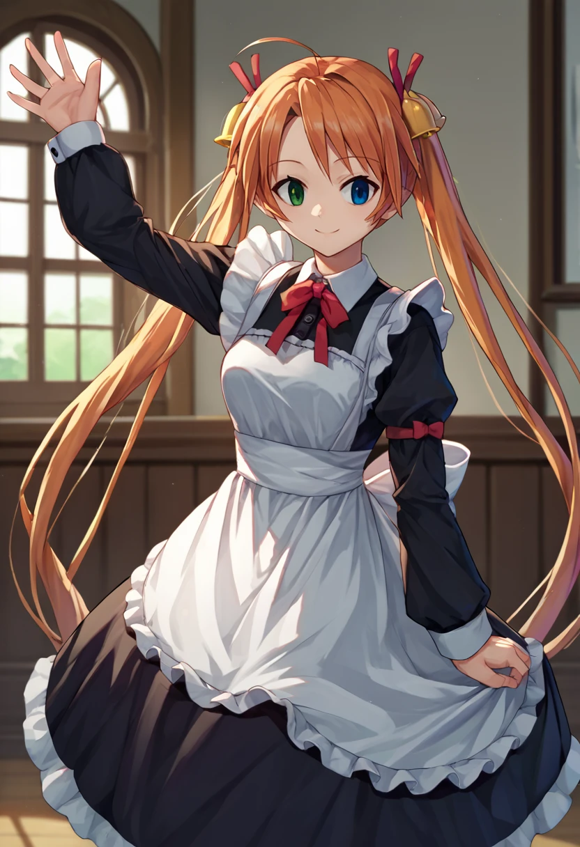 score_9, score_8_up, score_7_up, source_anime, solo, 1girl, kagurazaka asuna, smile, looking at viewer, waving, ahoge, twintails, hair bell, heterochromia, green eyes, blue eyes, maid, frills, black dress, white apron, puffy long sleeves, indoors <lora:mahousensei_kagurazaka_ponyXL:1>