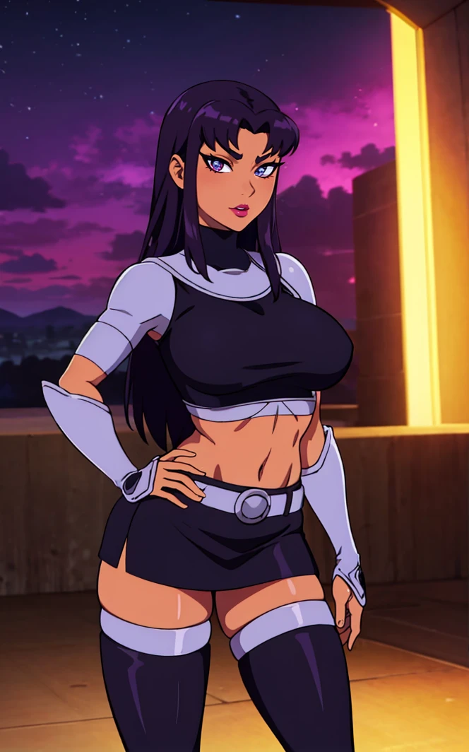 Yoruichi, long hair, purple hair, ponytail, dark-skinned female, parted bangs, dark skin, 1girl,medium breasts,orange shirt, anime screencap,best quality, masterpiece, blue eyes, muscular female, big muscles, wearing a magical Silver necklace with a Star-shaped cutout around her neck, futa, has a penis on her crotch, immediately strikes a sexy pose, striking a seductive stance with her hips cocked and her arms raised, showing off Yoruichi's perfect curves and muscles. She flashes a mischievous grin, her eyes glinting with a playful glint, and says "Well, hello there."