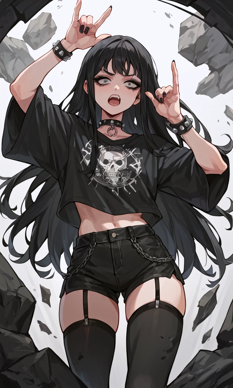 score_9, score_8_up, score_7_up, source_anime, BREAK, 1girl, long hair, black hair, goth, hornGesture