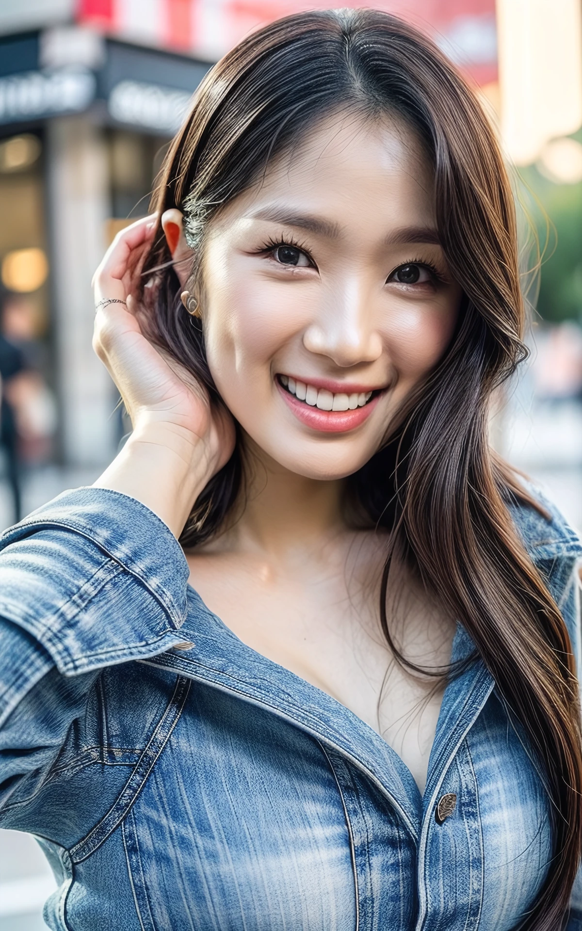 (smiling:1.2), (fullbody:1.2),  (realistic), (hyperrealism), (photorealistic:1.4), 1girl,  looking at the viewer, eye makeup, detailed eyes, detailed face, (upper body:1.2), detailed background, walking at the streets, sunset, (windy:1.2)  z1pp3rsw3at3r,, sleeves past wrists, zipper sweater, Denim jeans <lora:more_details:1>  <lora:zoom_slider_v1:5>   <lora:Kim_Hye_Yoon_V1:1> B_Kim_Hye_Yoon_V1 1woman