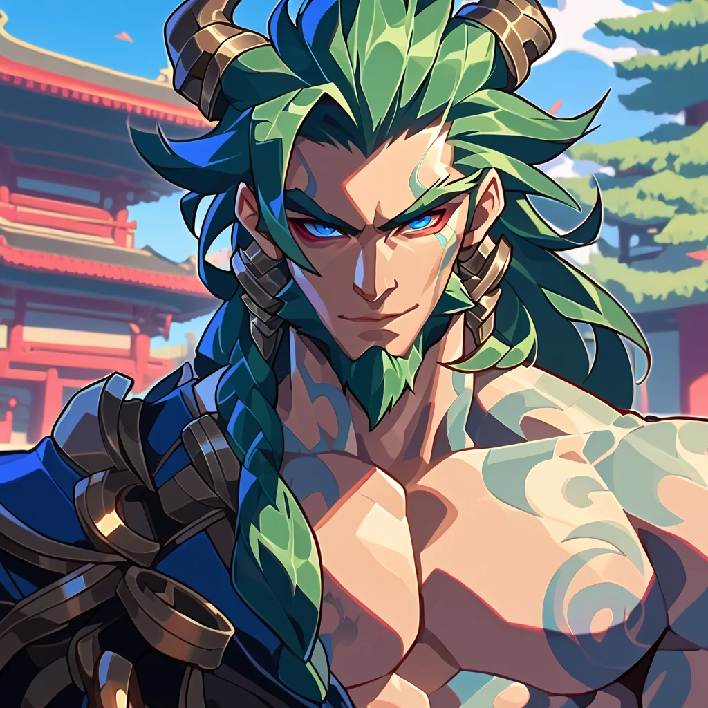 a (male:1.2) fantasy character from league of legends, manbun, wearing a traditional chinese kimono, chinese temple in background, unrealstyle, amazing quality, insane details