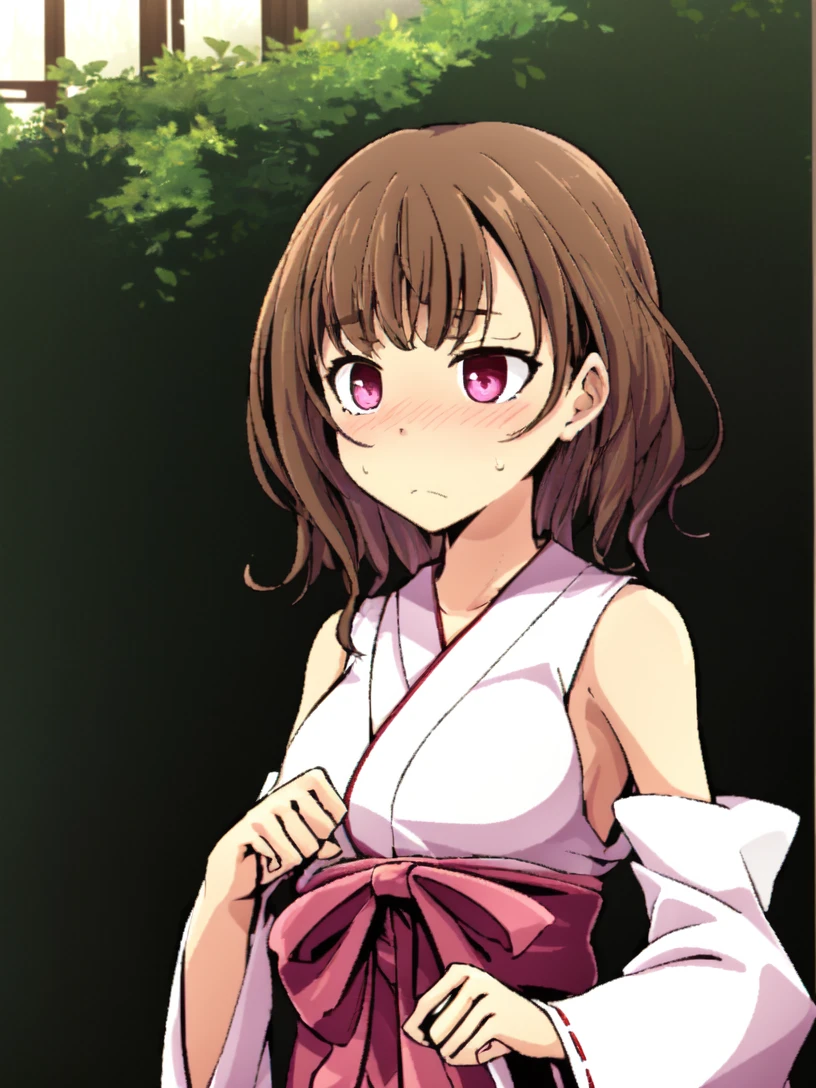 masterpiece, best quality,
1girl,solo,
 <lora:sakurakagurazaka.sd15.v1:0.4> young,
sakura kagurazaka, surprised, 1girl, solo, miko, exorcist outfit,
(pink eyes),
embarrassed, blush,
standing, upper body,
shrine,outdoors,  
 <lora:LONA06:0.8>