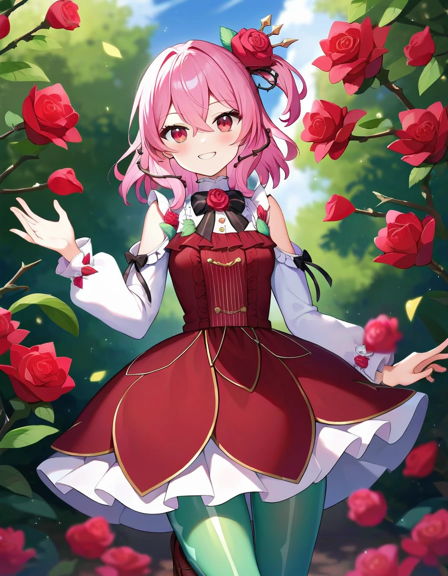 score_9,score_8_up,score_7_up,score_6_up BREAK official art,solo,outdoors,smile,cowboy shot,looking at viewer,facing viewer,Rosemi Lovelock,medium hair,pink hair,one side up,short sidetail,hair ornament,hair flower,red flower,red rose,sidelocks,hair between eyes,bangs,pink eyes,thorns,vines,shoulder cutout,clothing cutout,red dress,black bowtie,black bow,frills,puffy long sleeves,white flower,white rose,small breasts,green pantyhose,loafers,red footwear,<lora:Rosemi Lovelock(vtb)-Pony:1.5>,<lora:Smooth Anime Style LoRA XL:0.8>,