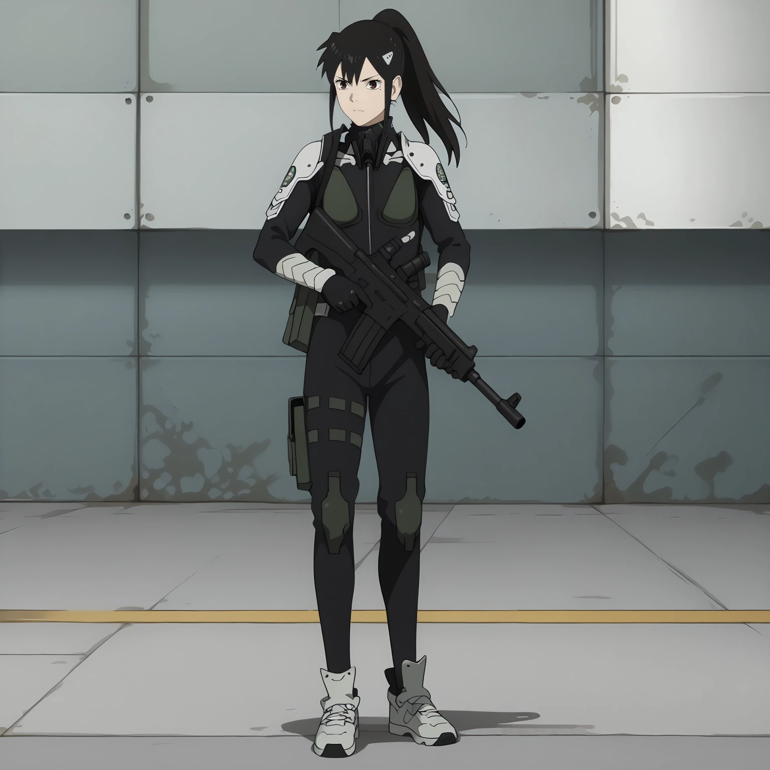 <lora:MinaAshiroXLpony001>,
solo,
MinaAshiro,1girl,black hair,ponytail,brown eyes,mole under eye,
black body suit,
assault rifle,
full body,