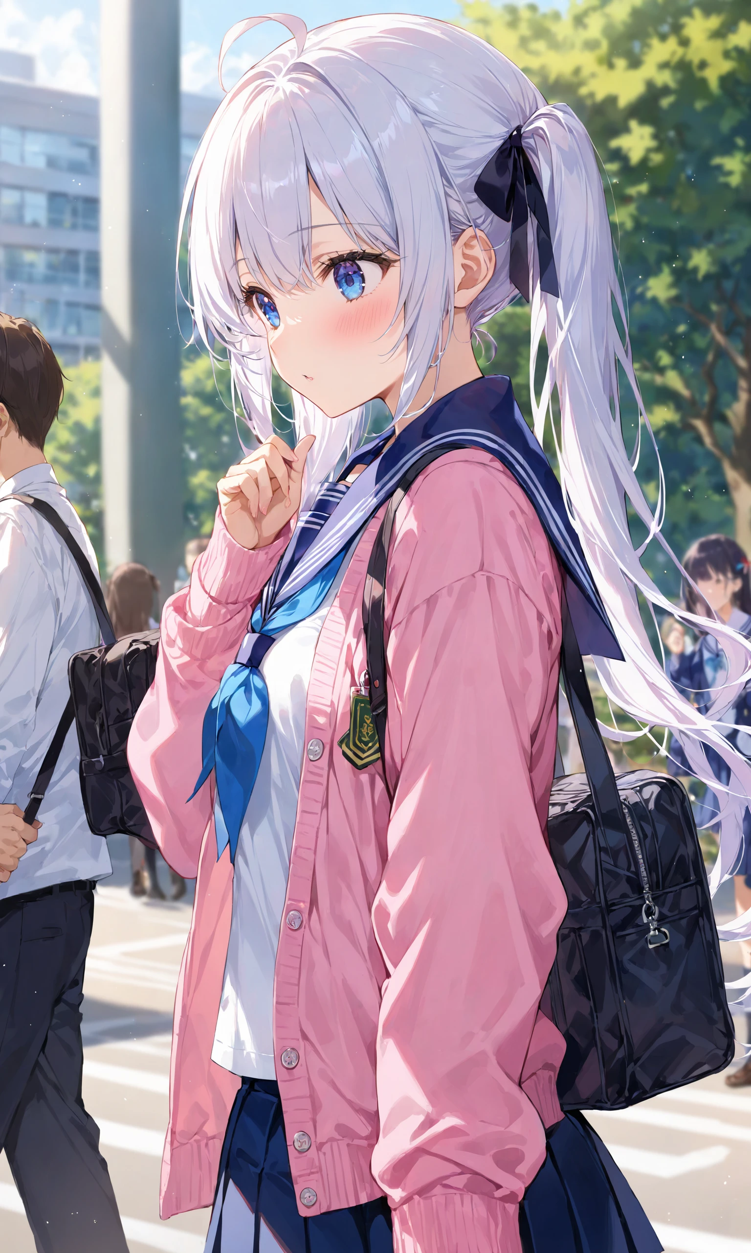 1girl, long hair, blush, blue eyes, skirt, shirt, long sleeves, ribbon, twintails, school uniform, hair ribbon, white shirt, ahoge, white hair, pleated skirt, open clothes, serafuku, solo focus, sailor collar, bag, blurry, from side, blue skirt, black ribbon, cardigan, blue sailor collar, school bag, pink jacket, open cardigan, pink cardigan
,masterpiece, best quality, score_9, score_8_up, score_7_up, ultra-detailed, Best-A, Medium-B, Low-C, Bad-D,
