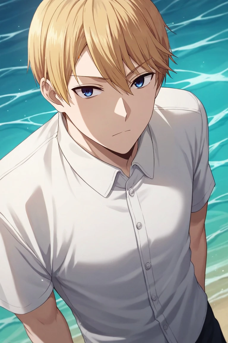 score_9, score_8_up, score_7_up, source_anime, rating_safe, , (photorealistic:0.6), , , 1boy, solo, male focus, <lora:miyuki_shirogane_pony:0.8>, miyuki_shirogane, blonde hair, blue eyes, short hair, bangs, hair between eyes, from above, lake city, light, legs together, distracted, aloof, oblivious, button-up shirt,, <lora:sdxl_lightning_8step_lora:1>