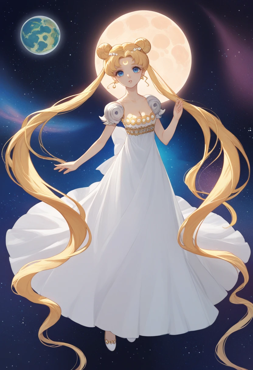 score_9, score_8_up, score_7_up, source_anime BREAK 1girl, solo, <lora:princessserenity-sm-richy-v1_pdxl:1> princessserenity, blue eyes, blonde hair, twintails, double bun, hair ornament, forehead mark, earrings, white dress, cleavage, puffy short sleeves, standing, full body, floating hair, space, galaxy, nebula, full moon, moon, parted lips