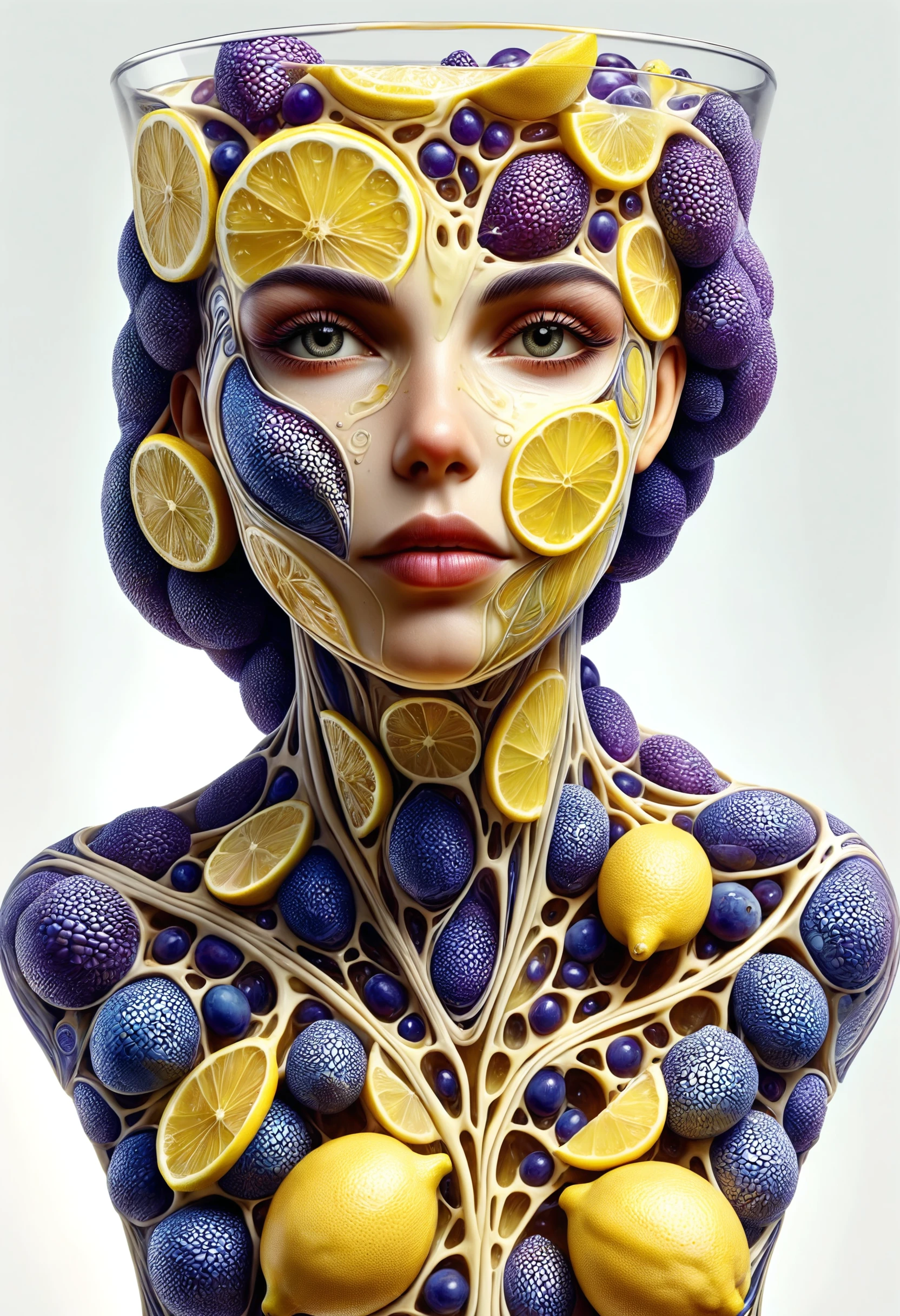 a large glass of lemonade stylized as a thin woman bust made of lemon and grape scales, style of Alex Grey
<lora:dvr-cl-dvsn:0.8> dvr-cl-dvsn