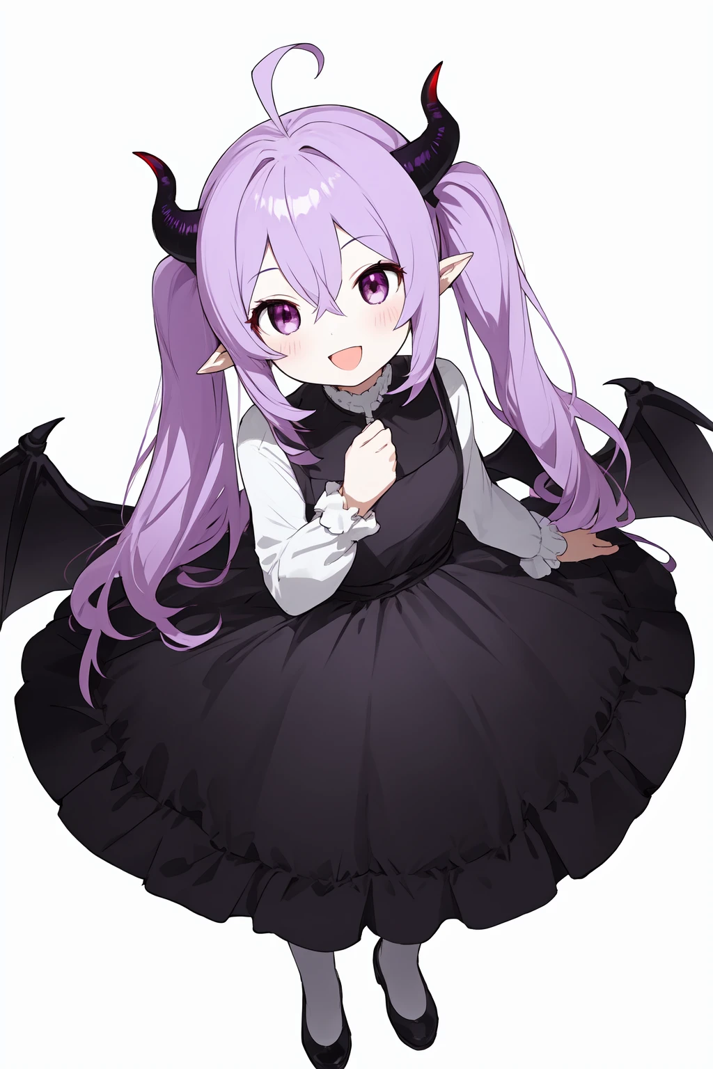 1girl,:d,ahoge,bangs,blush,demon_girl,demon_horns,demon_tail,demon_wings,dress,full_body,hair_between_eyes,horns,long_hair,looking_at_viewer,open_mouth,pointy_ears,purple_eyes,silver_hair,simple_background,smile,solo,standing,tail,twintails,twitter_username,very_long_hair,white_background,white_dress,white_footwear,wings,<lora:çå©å¸2.0:0.7>,