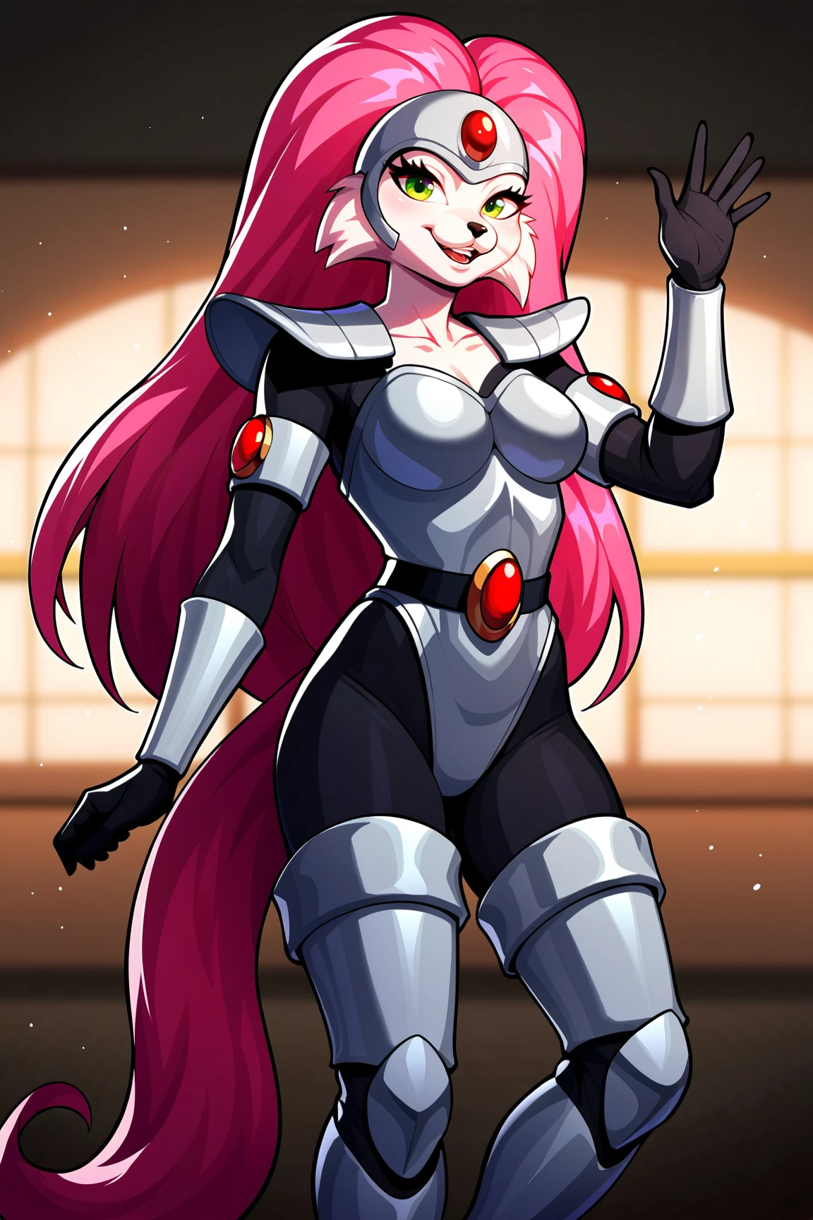 score_9, score_8_up, score_7_up, score_6_up, score_5_up, score_4_up, JennyBOHXL, anthro furry, furry female, white fur, snout, whiskers, green eyes, pink hair, long hair, helmet, forehead jewel, medium breasts, grey armor, red jewel, shoulder armor, black bodysuit, armlet, guantlets, black gloves, armored thigh boots, solo, standing, waving, seductive smile, looking at viewer, indoors <lora:JennyBOHXL:0.8>