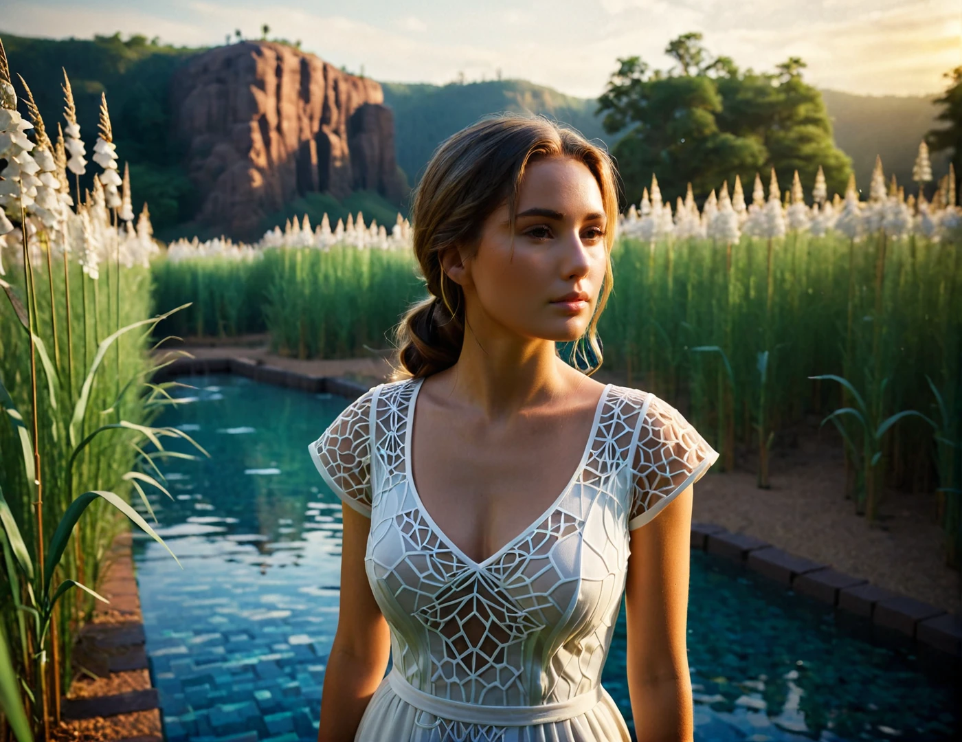 This 3D low-poly game concept image presents us a serene moment of a young woman in a natural setting, bathed in the soft, golden light of the setting sun. The image is characterized by a shallow depth of field, which blurs the background and emphasizes the subject, creating a bokeh effect that adds a dreamy quality to the photo. The woman's face is the focal point, with her features accentuated by the warm sunlight filtering through the tall grasses. Her expression is contemplative, and she wears a delicate white dress that complements the tranquil atmosphere. The photograph employs a technique reminiscent of analog film, with a grainy texture and a natural vignette that adds a nostalgic feel. The overall mood of the image is one of calm and introspection, evoking a sense of timelessness and connection with nature.
BREAK The scene is composed of a voxelized 3D scene. The woman, is surrounded by lowpoly fixtures that mimic the natural elements of the environment. These fixtures include water bodies represented by blue voxel blocks, trees depicted as green voxel clusters, and the ground made up of varying shades of brown voxel tiles. The Voronoi pattern is evident in the pentagonal shape of voxels and connection with its neighbors, creating a tessellated surface. The woman's body has a regular natural organic shape, which contrasts a lot with voxelized environment. This image captures the delicate organic folds and flow of the fabric on subject's body.
BREAK SK_CINEMATIC
<lora:Voronoiya_XL_v2_E13:0.42>