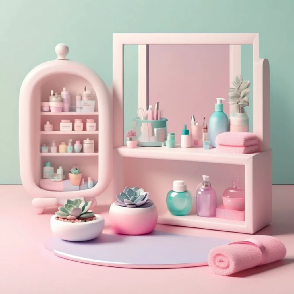 Charming skincare set, pastel-colored vanity, cute round bottles and jars in pastel shades, playful illustrations, matching pastel towels, tiny potted succulents, fluffy pink headband, pastel ombre wall, large mirror with a delicate frame.