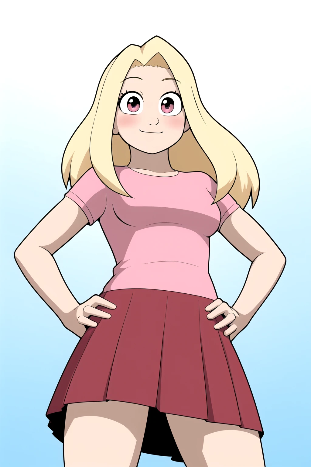 <lora:El Goonish shive V1e4:0.6>, (sarah:1.2) blonde hair, shirt, skirt, standing, arms aside, smile, from below, hands on hips, looking at viewer, gradient background