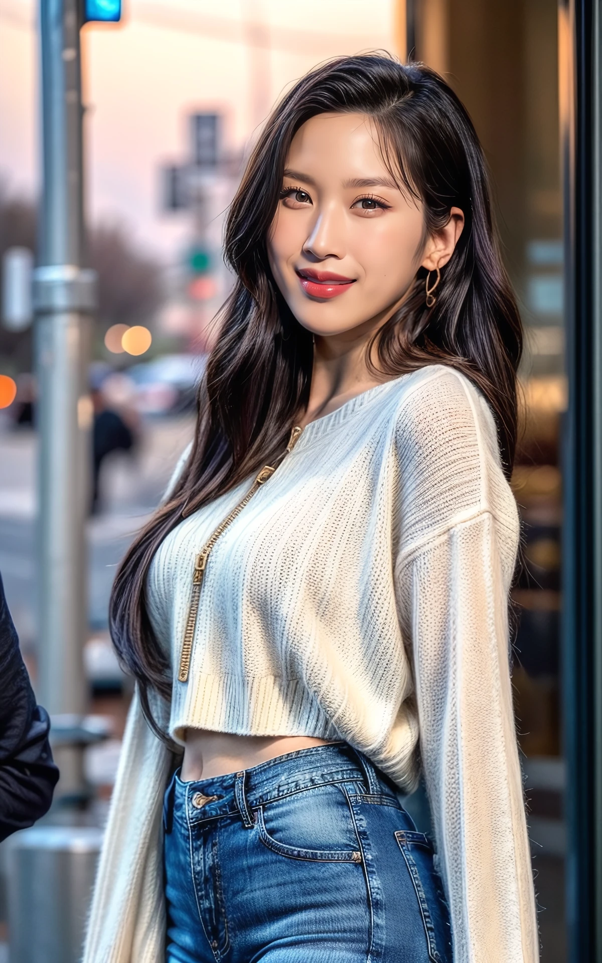 (smiling:1.2), (fullbody:1.2),  (realistic), (hyperrealism), (photorealistic:1.4), 1girl,  looking at the viewer, eye makeup, detailed eyes, detailed face, (upper body:1.2), detailed background, walking at the streets, sunset, (windy:1.2)  z1pp3rsw3at3r,, sleeves past wrists, zipper sweater, Denim jeans <lora:more_details:1>  <lora:zoom_slider_v1:4>   <lora:Moon_Gayoung_V1:1> B_Moon_Gayoung_V1 1woman