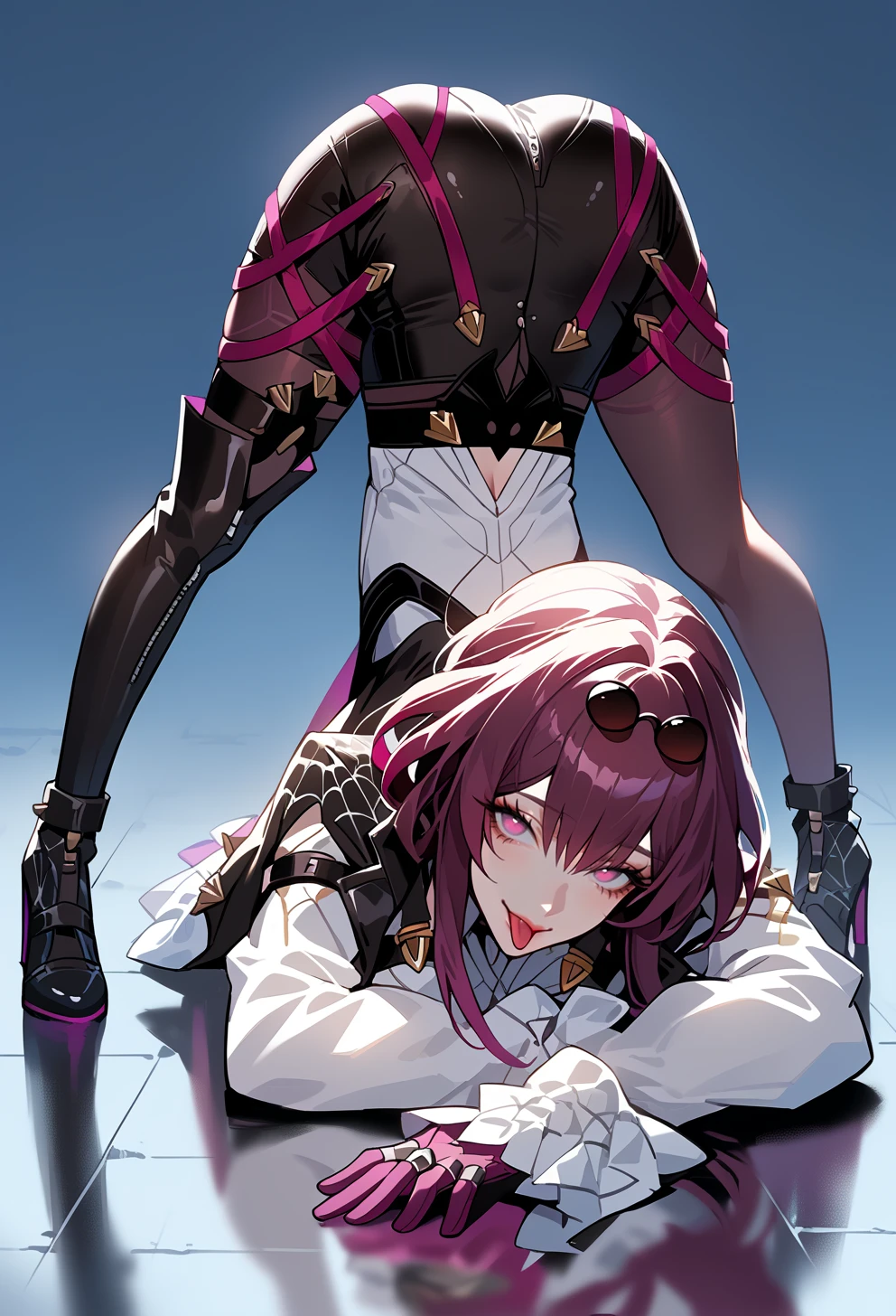 score_9, score_7_up, source_anime, BREAK solo, top-down bottom-up, jack-o' challenge,  <lora:AEKafka:1> aekafka, jacket on shoulders, collared shirt, arm belt, chest harness, purple gloves, black shorts, high-waist shorts, pantyhose under shorts, purple pantyhose, thigh strap, asymmetrical footwear, single thigh boot, black footwear, high heel boots, sunglasses, seductive smile, tongue out,