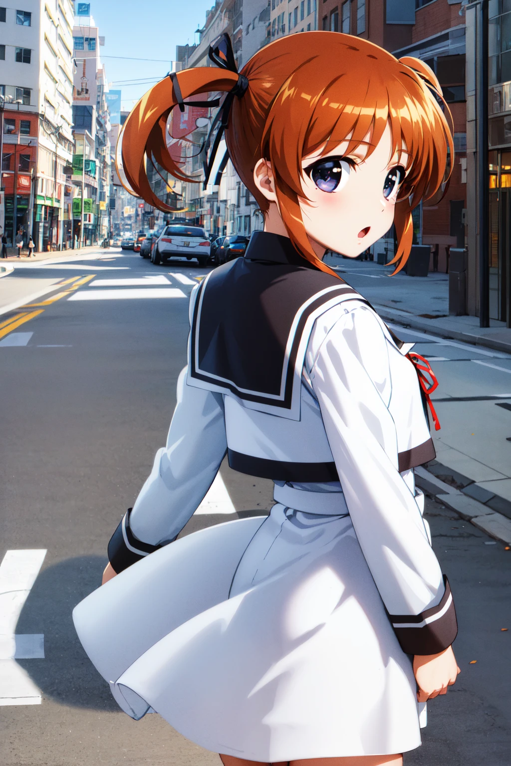 masterpiece, best quality, highres, bbnanoha, short twintails, hair ribbon, small breasts, school uniform, sailor collar, neck ribbon, (white shirt:1.2), sailor dress, long sleeves, white skirt, <lora:takamachi_nanoha_v1:0.7>, from behind, standing, cowboy shot, street, city, :o, looking back