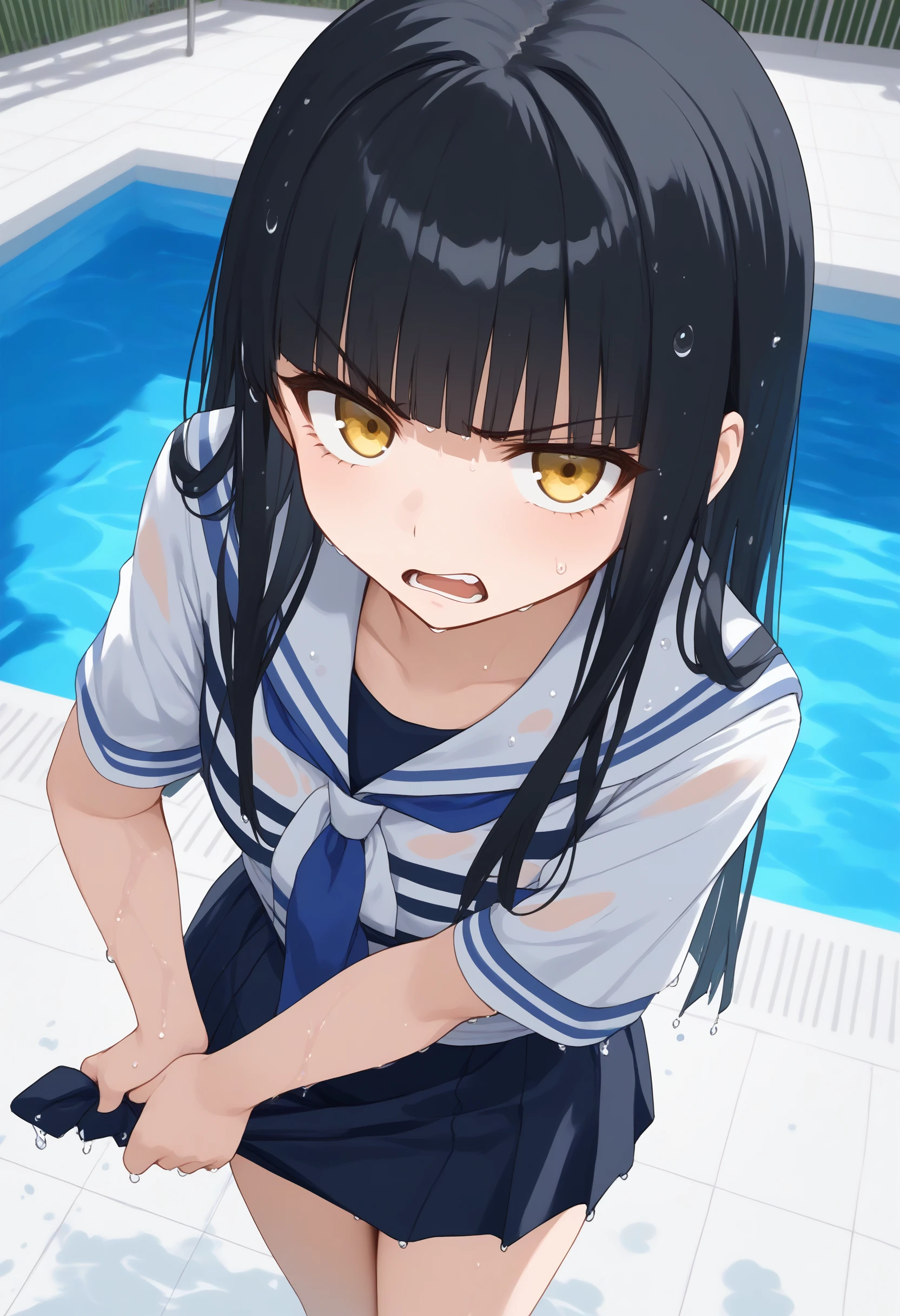 1girl, solo,
wringing skirt,<lora:wringingskirt_Pony_v1:0.8>
standing, wet hair, wet skirt,
from above, upper body, looking at viewer, black hair, golden eyes,disgust, Poolside, open mouth, hime cut hair,,