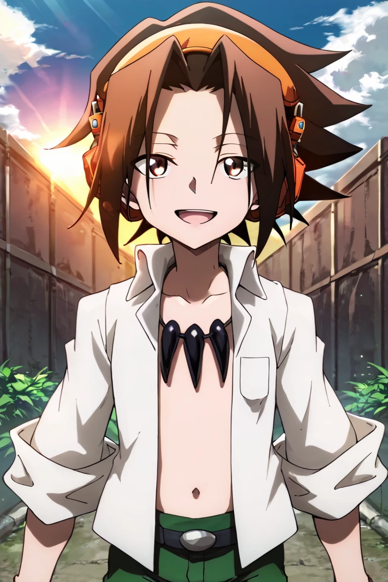 score_9,score_8_up,score_7_up,source_anime,1boy, solo,looking at viewer, Asakura Yoh,brown hair, brown eyes,spiked hair,headphonese, White shirt, open shirt,green pants, jewelry,necklace, outdoors, sun, light rays, upper body, open mouth, smile<lora:EMS-403319-EMS:1.000000>