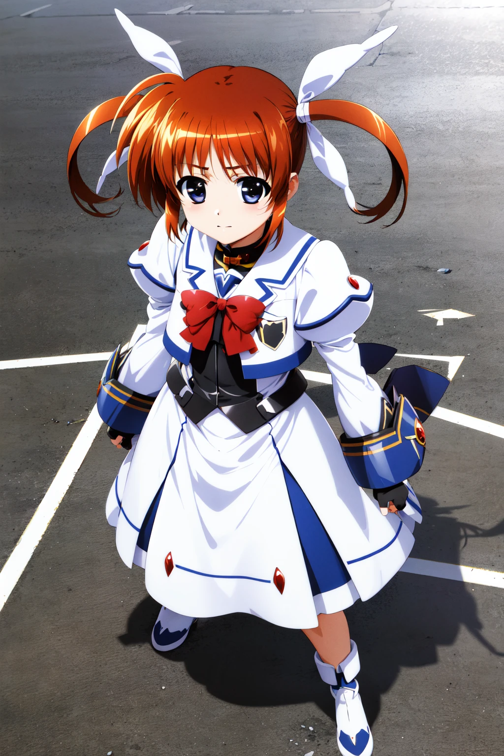 masterpiece, best quality, highres, aananoha, short twintails, hair ribbon, white ribbon, small breasts, magical girl, red bow, white jacket, white dress, puffy sleeves, long sleeves, fingerless gloves, black gloves, long skirt, <lora:takamachi_nanoha_v1:0.7>, standing, from above, full body,