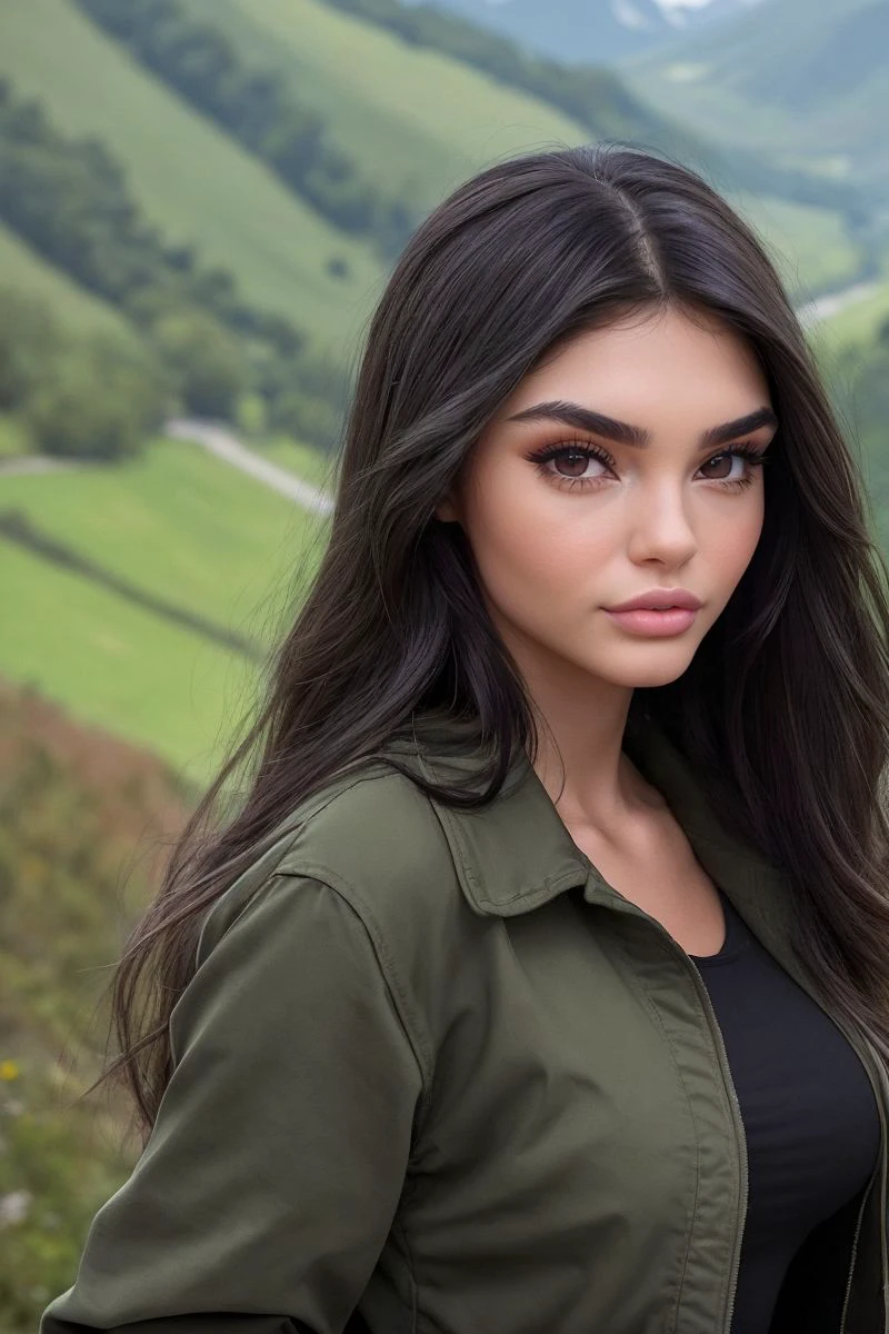 photo of S448_EvonWahab,a stylish woman,in a (mountain-valley:1.1),wearing a (jacket),(shirt),(leggings),(4k, RAW photo, best quality, 50mm, depth of field, ultra high res:1.1),(intricate, photorealistic, cinematic-shot, masterpiece, ultra-detailed:1.1),