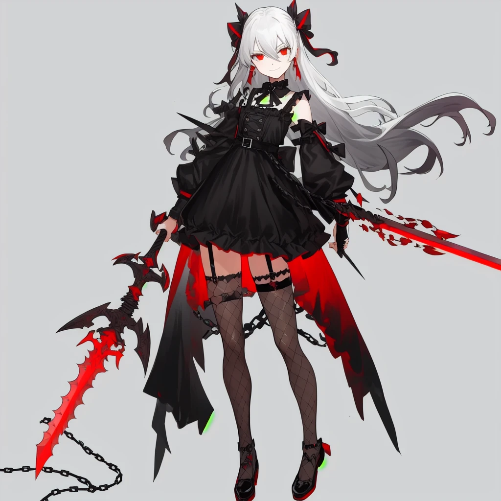<lora:xihuanfengge:1>,
1girl, solo, weapon, grey background, red eyes, long hair, sword, holding, holding weapon, simple background, black footwear, full body, bow, earrings, thighhighs, jewelry, white hair, holding sword, fire, frills, dress, chain, black bow, two side up, smile, garter straps, fishnets, closed mouth, black dress, hair between eyes, masterpiece, best quality,
