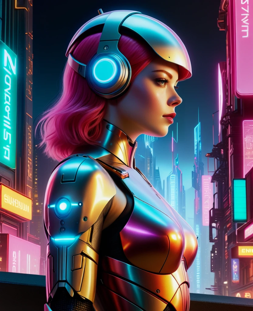 score_9, score_8_up, score_7_up, highres, masterpiece, abstract, art deco, cyberpunk, by Odd Nerdrum, concept art, In a surreal and whimsical world, the iconic cyborg Emma Stone comes to life in a vibrant night sky. The background is a neon-lit cityscape, with neon lights casting a soft glow on the surrounding buildings. The cyborg's metallic exterior contrasts sharply against the dark skyline, Depth of field 100mm, Mono Color, neon hue, shadowrun