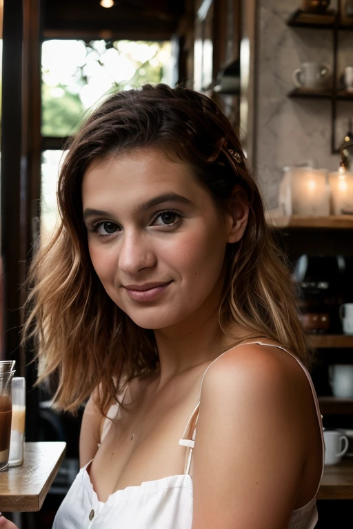 <lora:Abrianna:0.8> full color portrait of a young woman, having coffee at a vintage cafe,  natural light, RAW photo, subject, 8k uhd, dslr, soft lighting, film grain, Fujifilm XT3, Nikon D850